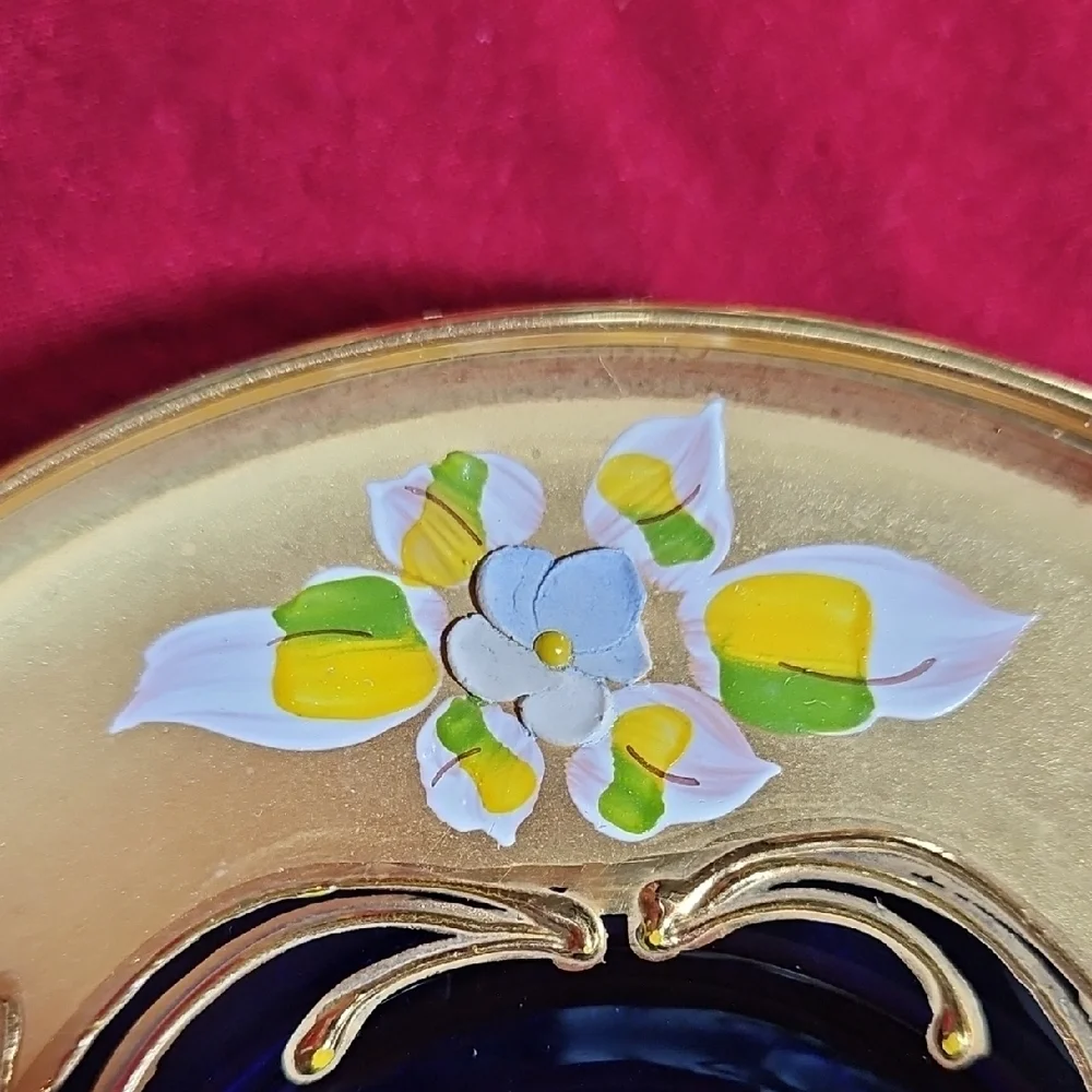 Vintage Venetian Art Glass High Enamel Cobalt Blue Gold Tea Cup Saucer Set of 2